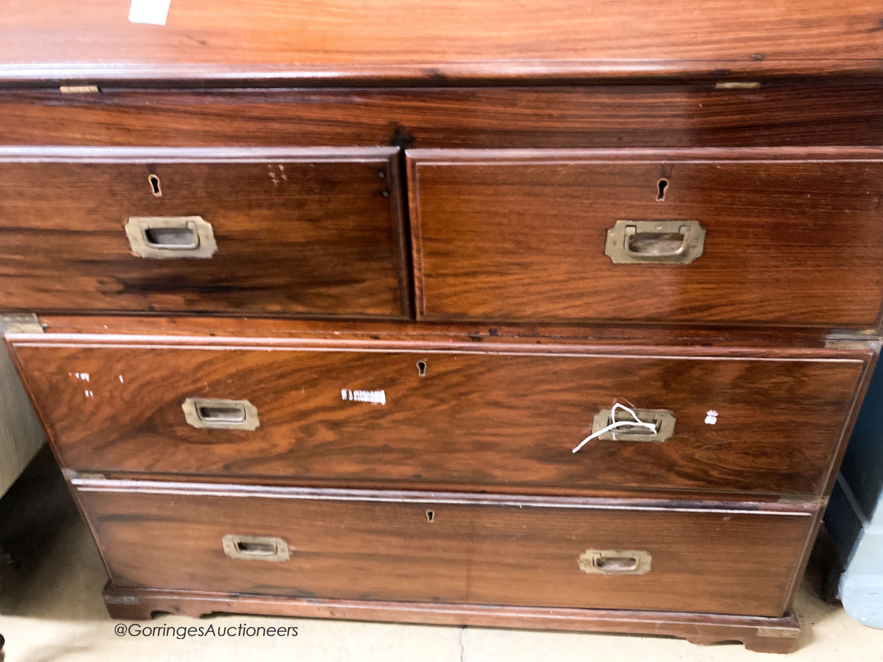 An early 20th century Anglo Indian rosewood campaign style two part bureau with brass recessed handles, width 100cm, depth 46cm, height 106cm